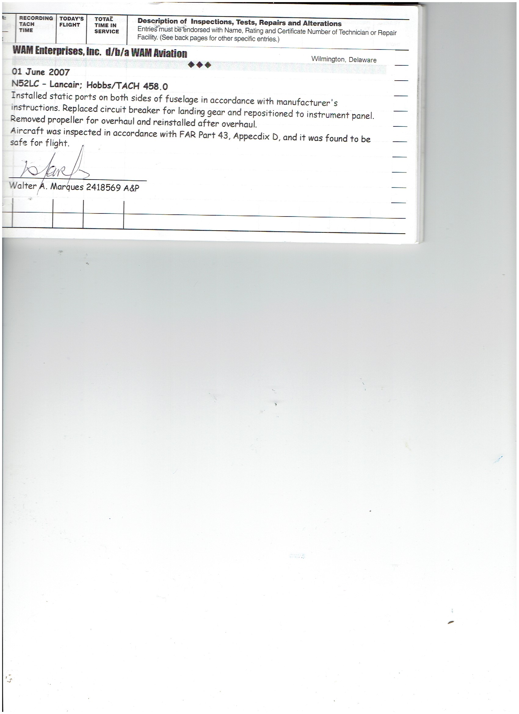 Lancair 320/360 N52LC document